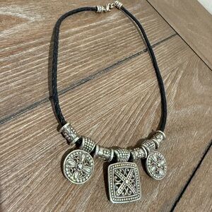 BRIGHTON Silver Charm Black Leather Cord NECKLACE